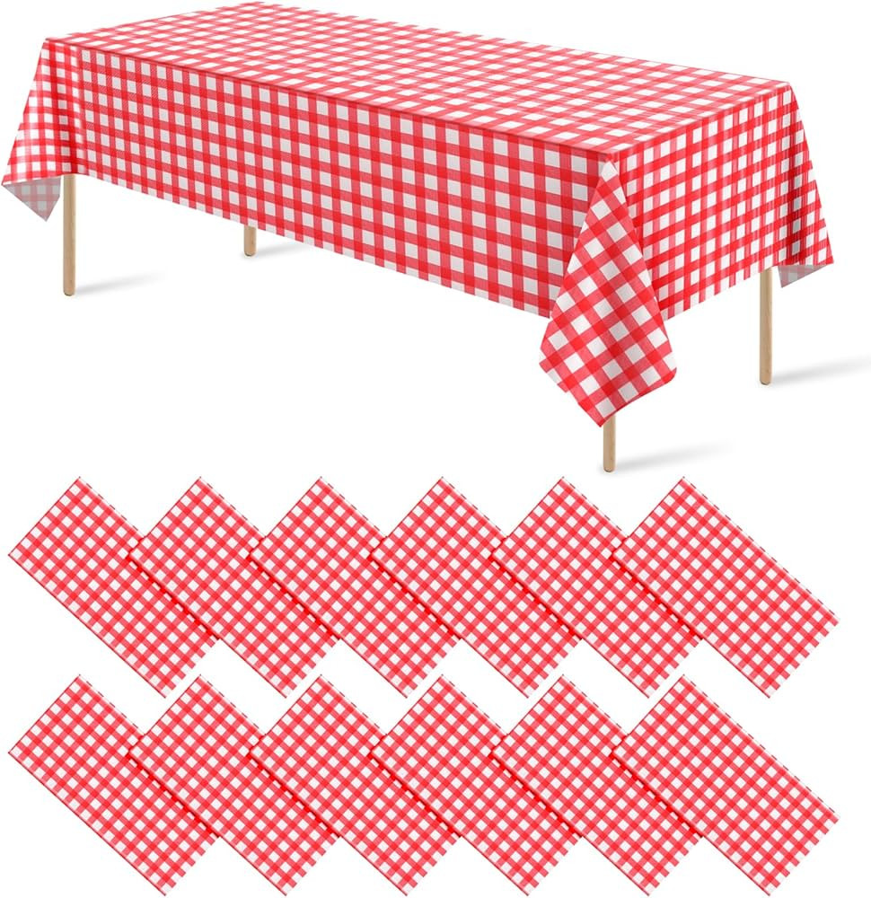 12 Pack Red and White Plastic Checkered Tablecloth, Premium Decorative Disposable Red Gingham Pla... | Amazon (US)