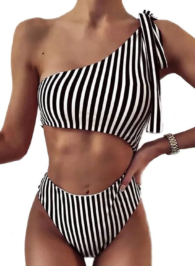 VIMPUNEC Womens Cutout One Piece Swimsuit Striped One Shoulder Monokini Swimwear | Amazon (US)