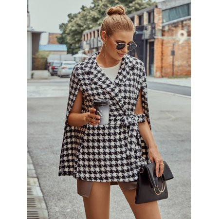 Women s Houndstooth Pattern Belted Tweed Cape Coat 49216W620112-9840 | Walmart (US)
