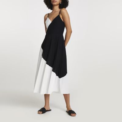 Black colour block pleated midi dress | River Island (US)