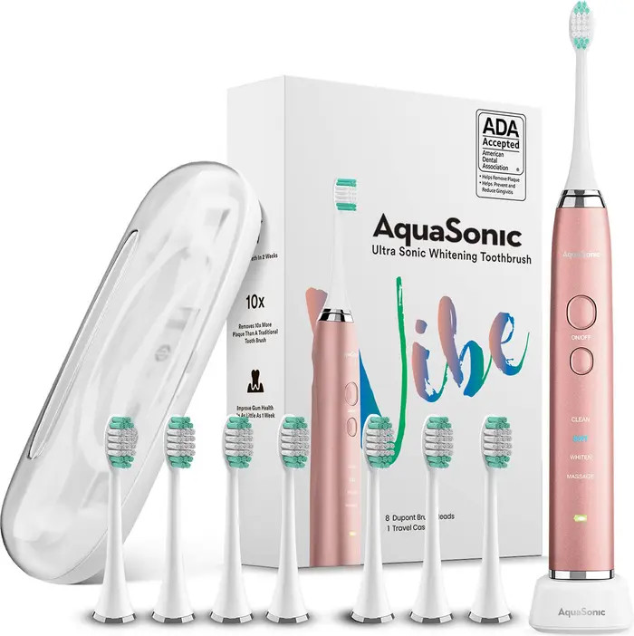 AQUASONIC VIBE Series Pink UltraSonic Whitening Toothbrush with 8 DuPont Brush Heads & Travel Cas... | Nordstrom Rack