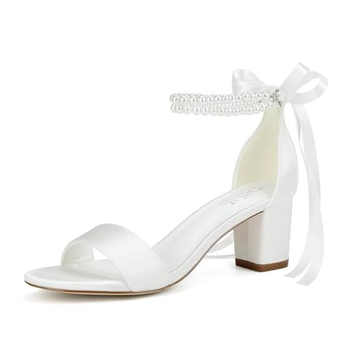 Dilhik Satin Wedding Shoes for Bride Pearl Heels Bridal Shoes Wedding Heels Block Heel Wedding Sandals-Ivory-6cm-8.5 | Amazon (US)