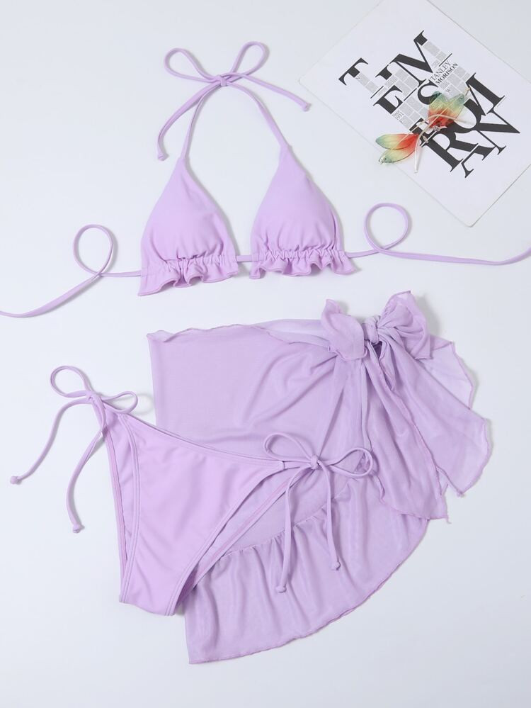 3pack Triangle Thong Bikini Swimsuit & Beach Skirt | SHEIN