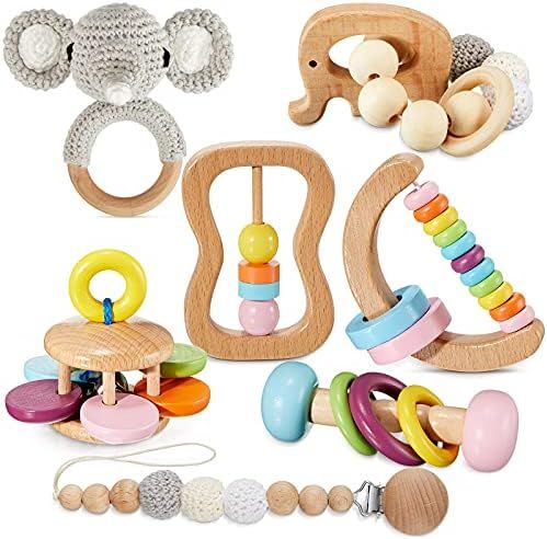 Amazon.com: Zhanmai 7 Pieces Montessori Toys for Babies Wooden Rattle Beech Wood Teether Crochet ... | Amazon (US)