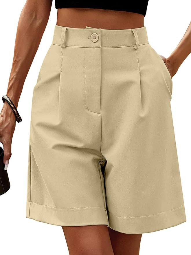 Bermuda Shorts for Women Dressy Elastic High Waisted Knee Length Shorts Casual Wide Leg Summer Sh... | Amazon (US)