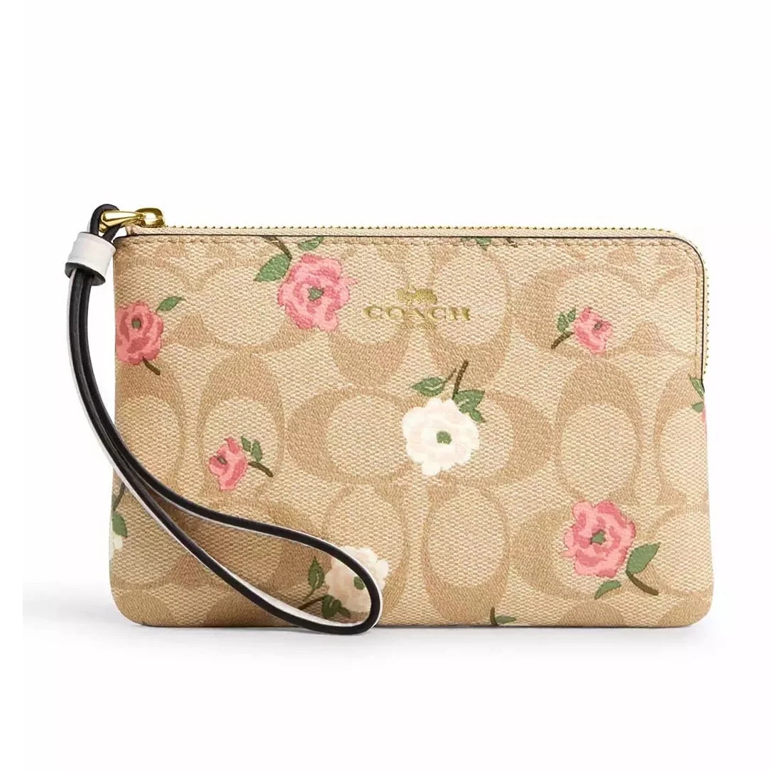 Coach Women's Small Corner Zip Wristlet in Signature Canvas with Floral Print (Light Khaki / Chal... | Walmart (US)