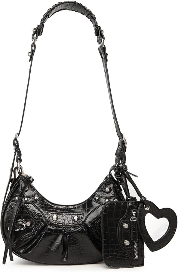 Shoulder Bag for Women Rivet Satchel Pleated Hobo Handbags Crocodile Effect Crescent Purse Crossb... | Amazon (US)