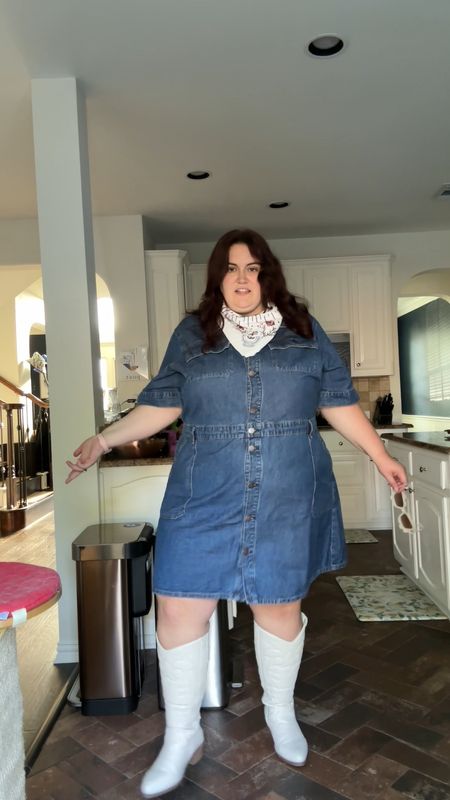 Work event day 3 office outfit! 

Dress is from JCPenney, I sized up to a 4X. 

Boots are from torrid, they fit my wide calves very well. The white is out of stock but I linked their black pair! 

Sunglasses and earrings are from target, and my bandana is work merch 

#LTKPlusSize #LTKWorkwear #LTKShoeCrush