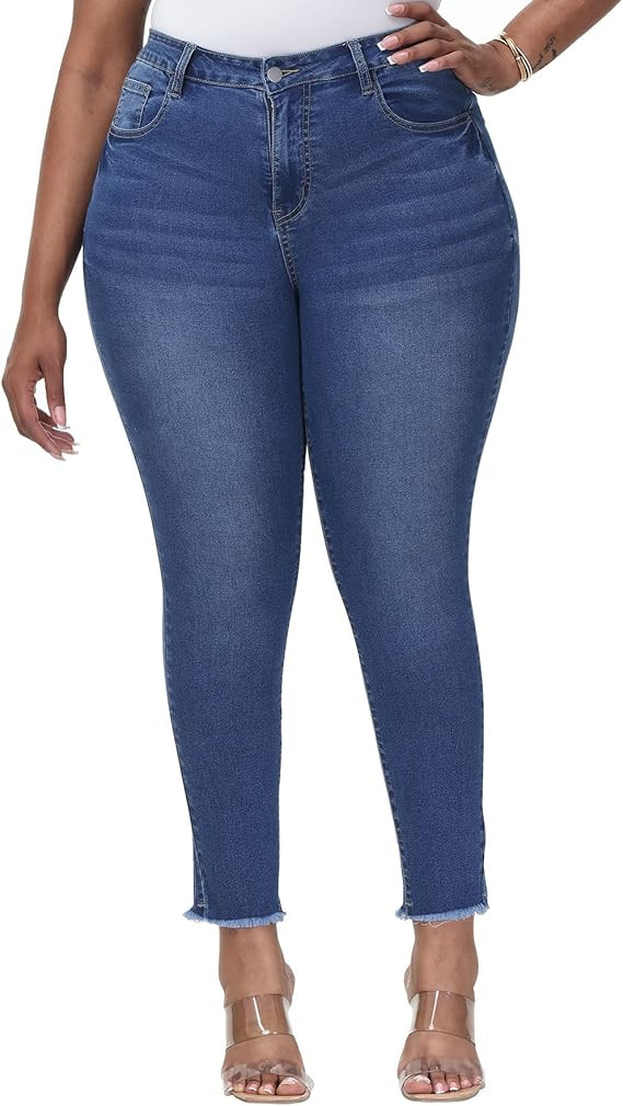 ALLEGRACE Plus Size Jeans for Women High Waisted Stretch Ripped Casual Distressed Skinny Jeans Ca... | Amazon (US)