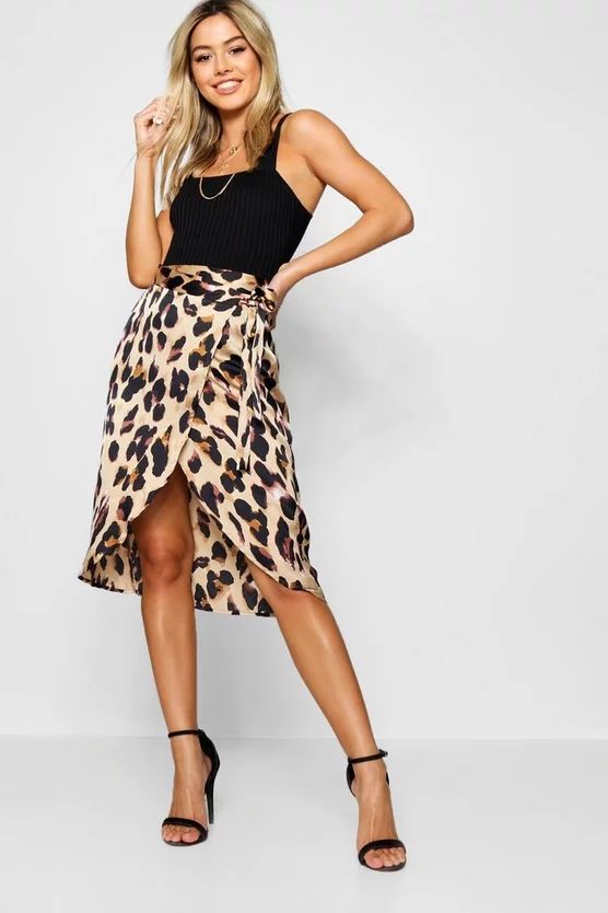 Petite Leopard Print Satin Wrap Midi Skirt | Boohoo.com (US & CA)