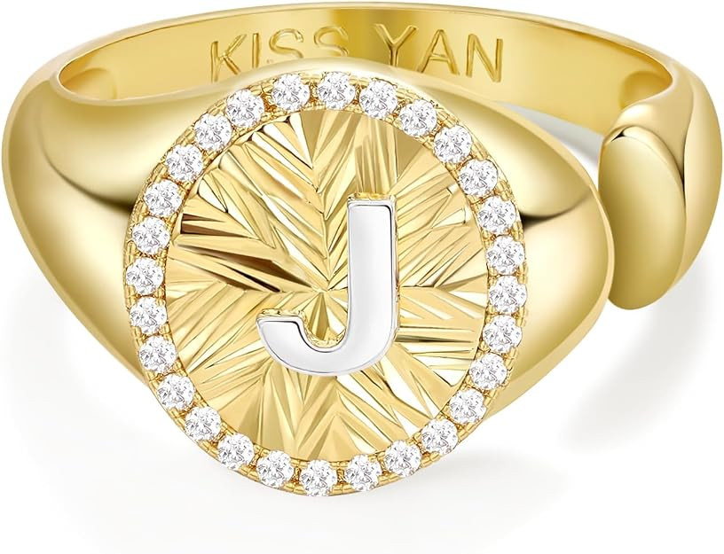 KissYan Initial Ring for Women,14K Gold Plated Adjustable CZ Halo Monogram Signet Letter Ring, Ta... | Amazon (US)