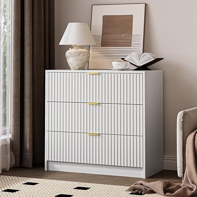 White Fluted Dresser for Bedroom, 32 Inch Wide Nightstand with Large Drawer, 3 Drawer End Table f... | Amazon (US)