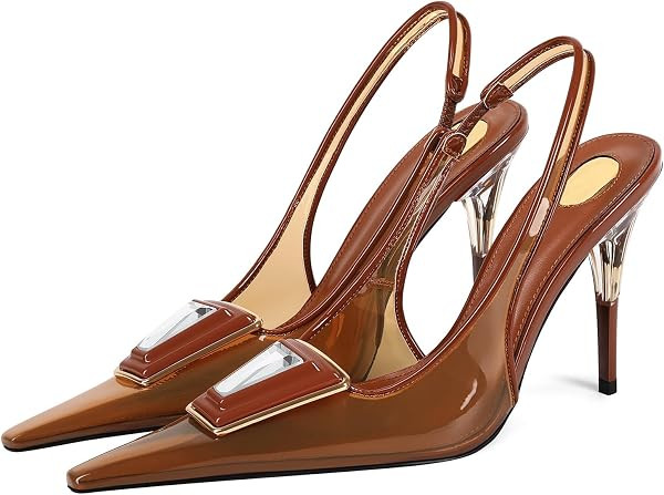 Women's Jelly Clear Slingback Heels Pointed Toe Stiletto Rhinestone Pumps | Amazon (US)