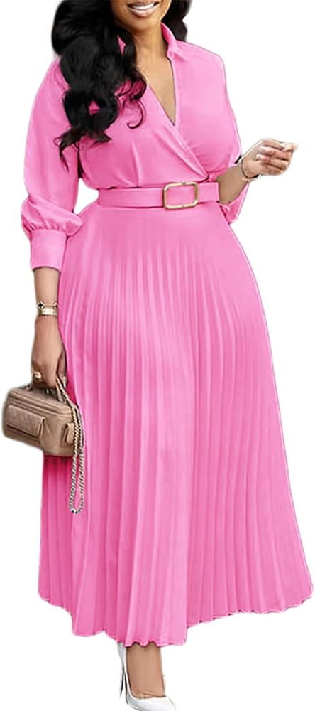 Famnbro Womens Pleated Dress V Neck Long Sleeve A line Church Formal Works Business Dresses with ... | Amazon (US)