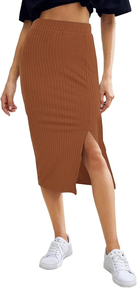 SheIn Women's Basic Plain Ribbed Knit Split Stretchy Pencil Bodycon Midi Skirt | Amazon (US)
