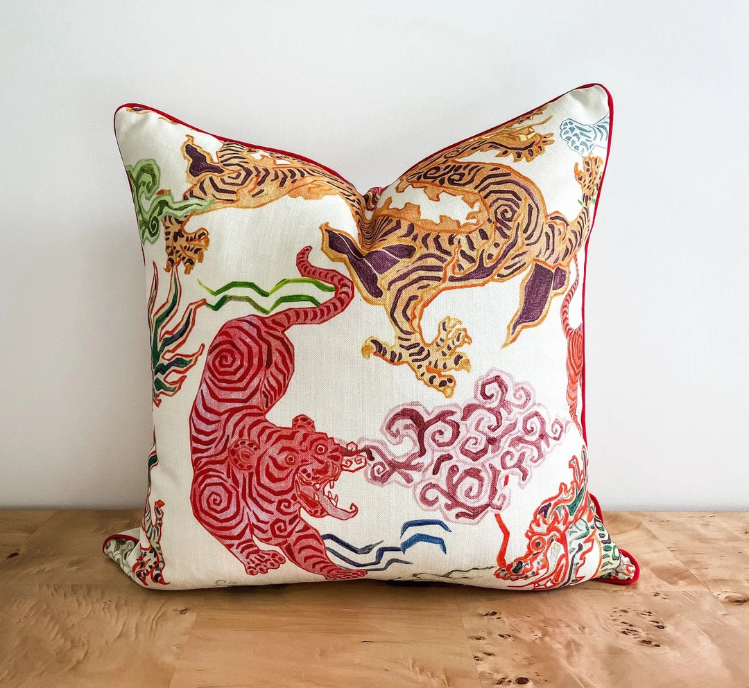 Hamilton Himalaya Natural Asian Tigers Dragon Pillow Cover Red Piping Orange Red Green Chinoiseri... | Etsy (US)