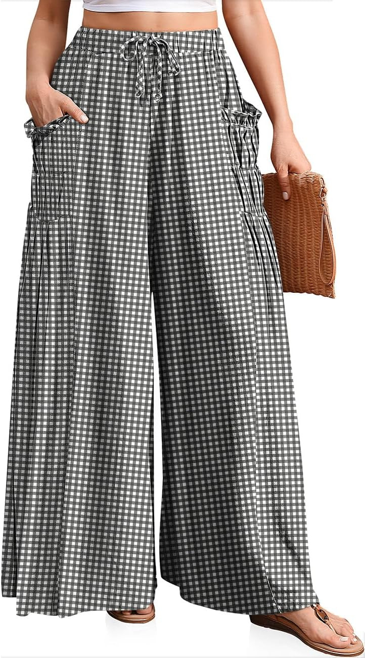 TARSE Womens Striped Gingham Palazzo Wide Leg Pants | Amazon (US)