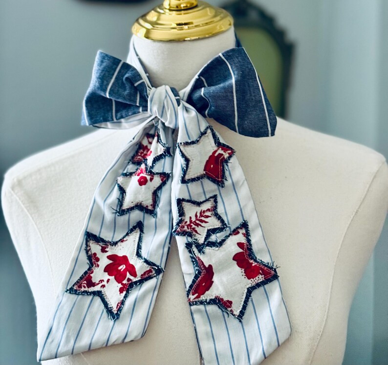 Handmade Skinny Scarf: Vintage Pinstripe Cotton With Denim Star Appliqués - Etsy | Etsy (US)