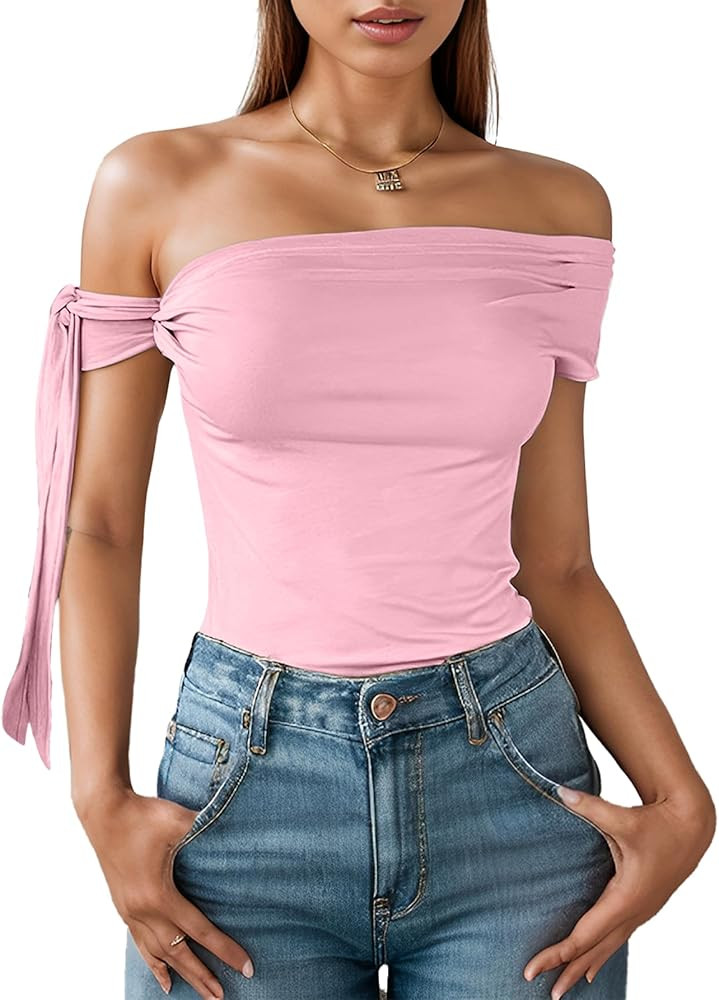 Off The Shoulder Tops for Women Tie Shoulder Ruched Going Out Slim Fit Sexy Solid Y2K Summer Tops | Amazon (US)