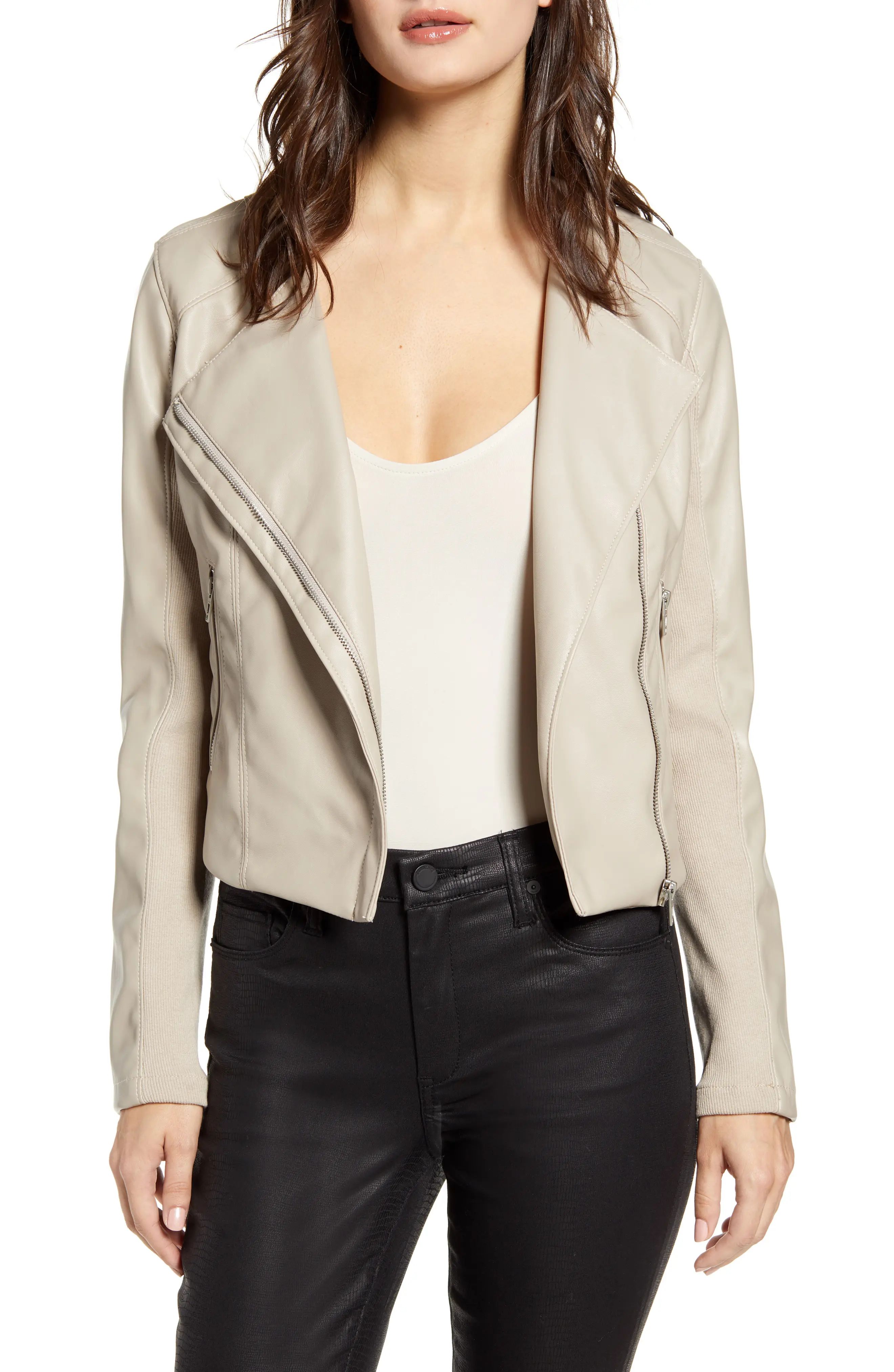 Women's Blanknyc Record Breaker Collarless Faux Leather Moto Jacket, Size Medium - Beige | Nordstrom