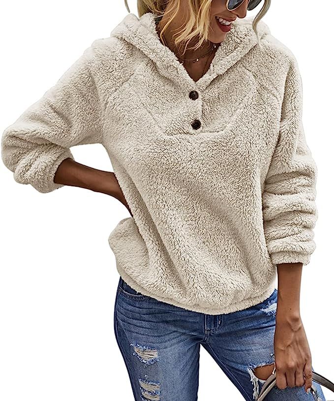 Amazon.com: KIRUNDO 2022 Winter Women’s Fuzzy Fleece Hoodies Sweatshirts Casual Long Sleeves Sh... | Amazon (US)