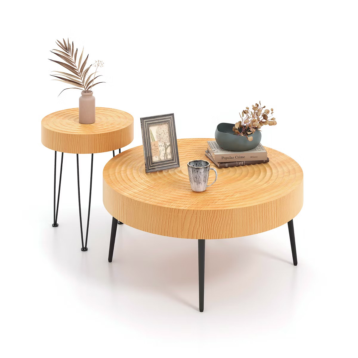 Costway Round Coffee Table Set of 2 End Table Natural Finish for Living Room | Target
