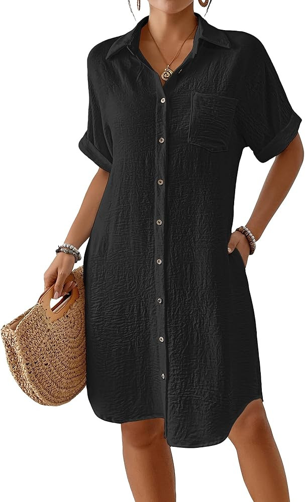 Bsubseach Womens Swimsuit Coverup Long Button Down Bathing Suit Cover Ups Short Sleeve Summer Bea... | Amazon (US)