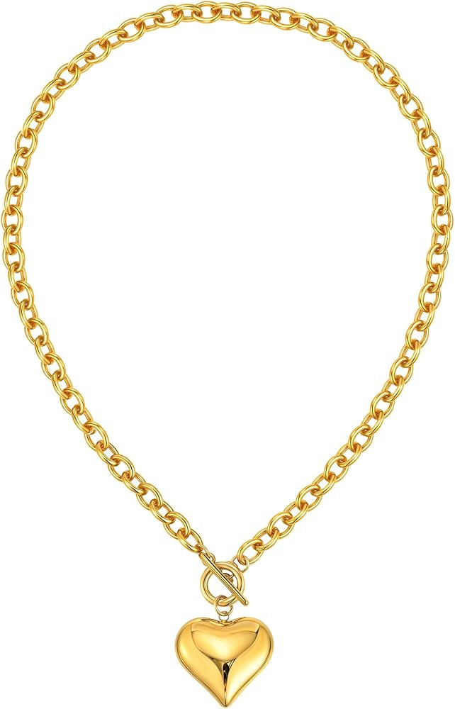 KSF Chunky Gold Necklace for Women - 18K Gold Plated Heart Pearl Pendant Necklace, Non Tarnish St... | Amazon (US)