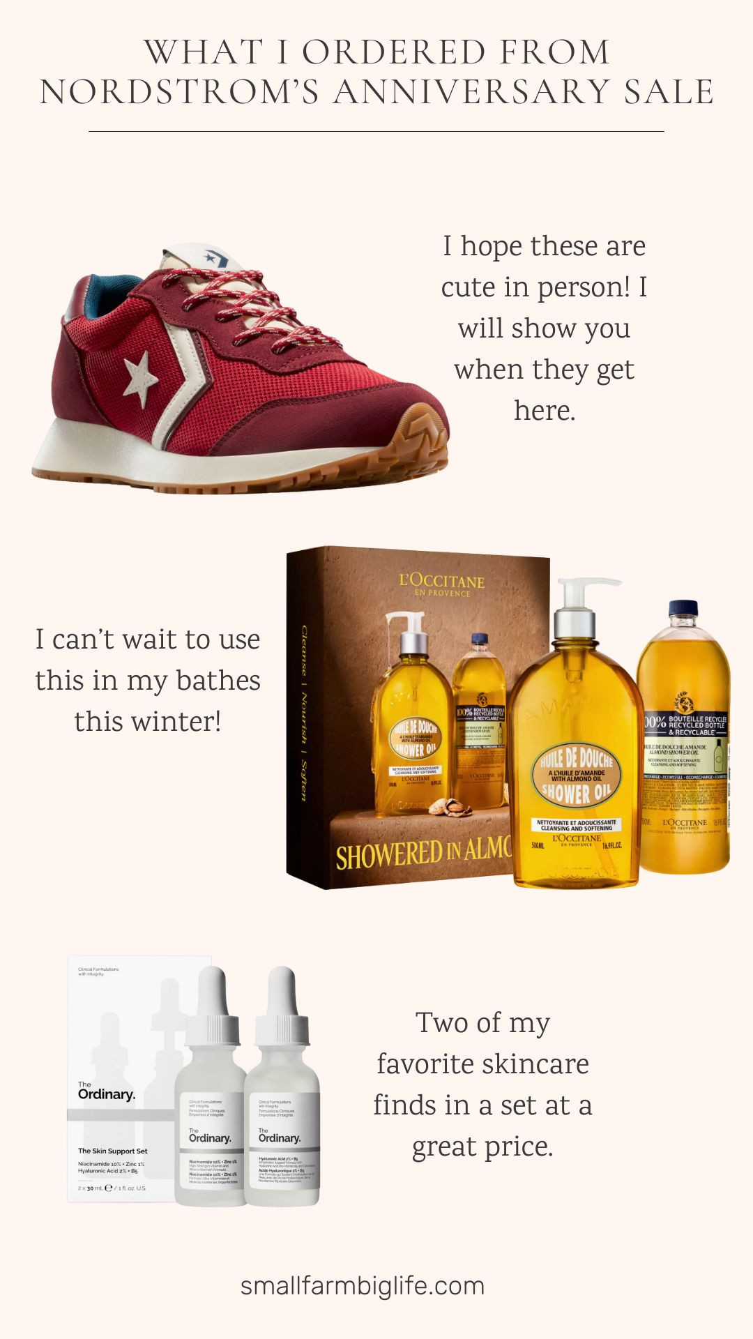 This is what I ordered from Nordstrom's Anniversary Sale. There were so many other things that I will be sharing that I would like to order, but funds are going toward the house right now. 

Sale Alert! Red Converse Gender Inclusive Omega Trainer Sneaker. L'Occitane Showered in Almond Set. The Ordinary The Skin Support Set.  

 #LTKOver40 #LTKSaleAlert #LTKFindsUnder100