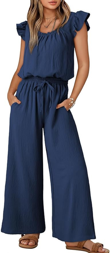 Dokotoo Jumpsuits for Women 2025 Summer Ruffle Sleeves Square Neck Rompers Drawstring Overalls wi... | Amazon (US)