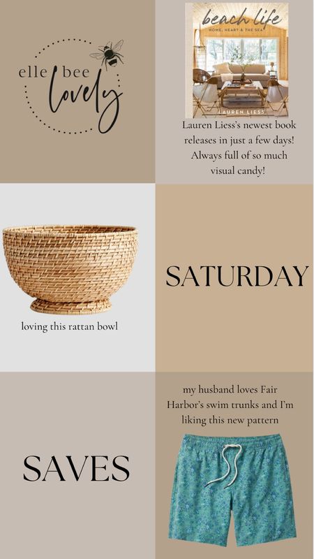 Saturday Saves! 
This week’s Saves include a beautiful rattan bowl, the newest book from Lauren Liess and  Fair Harbor swim trunks!

#LTKfindsunder100 #LTKmens #LTKhome