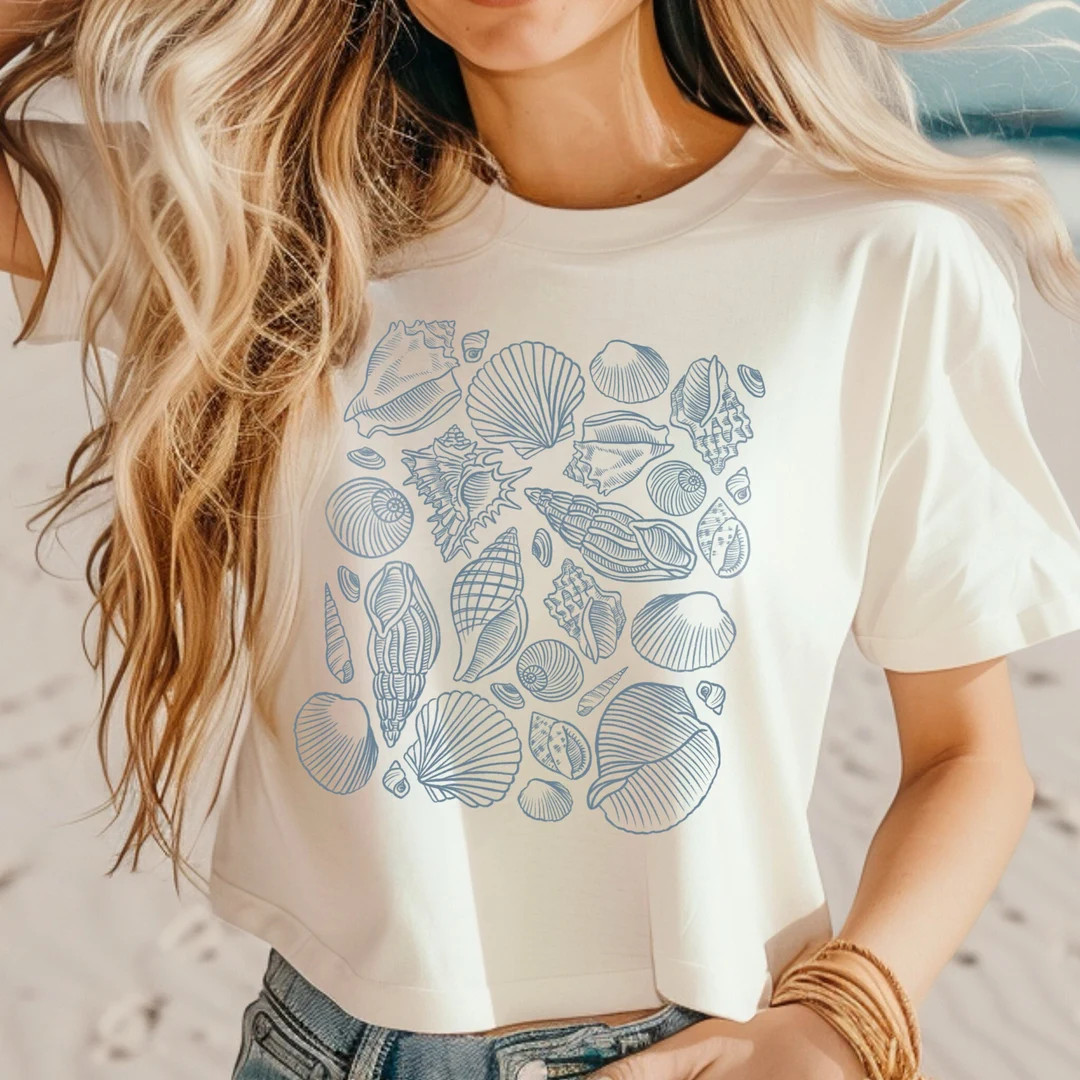 Seashells Cropped Tshirt, Ocean Crop Top, Beach Crop Top, Surf Crop Top, Seashell T-shirt, Summer... | Etsy (US)