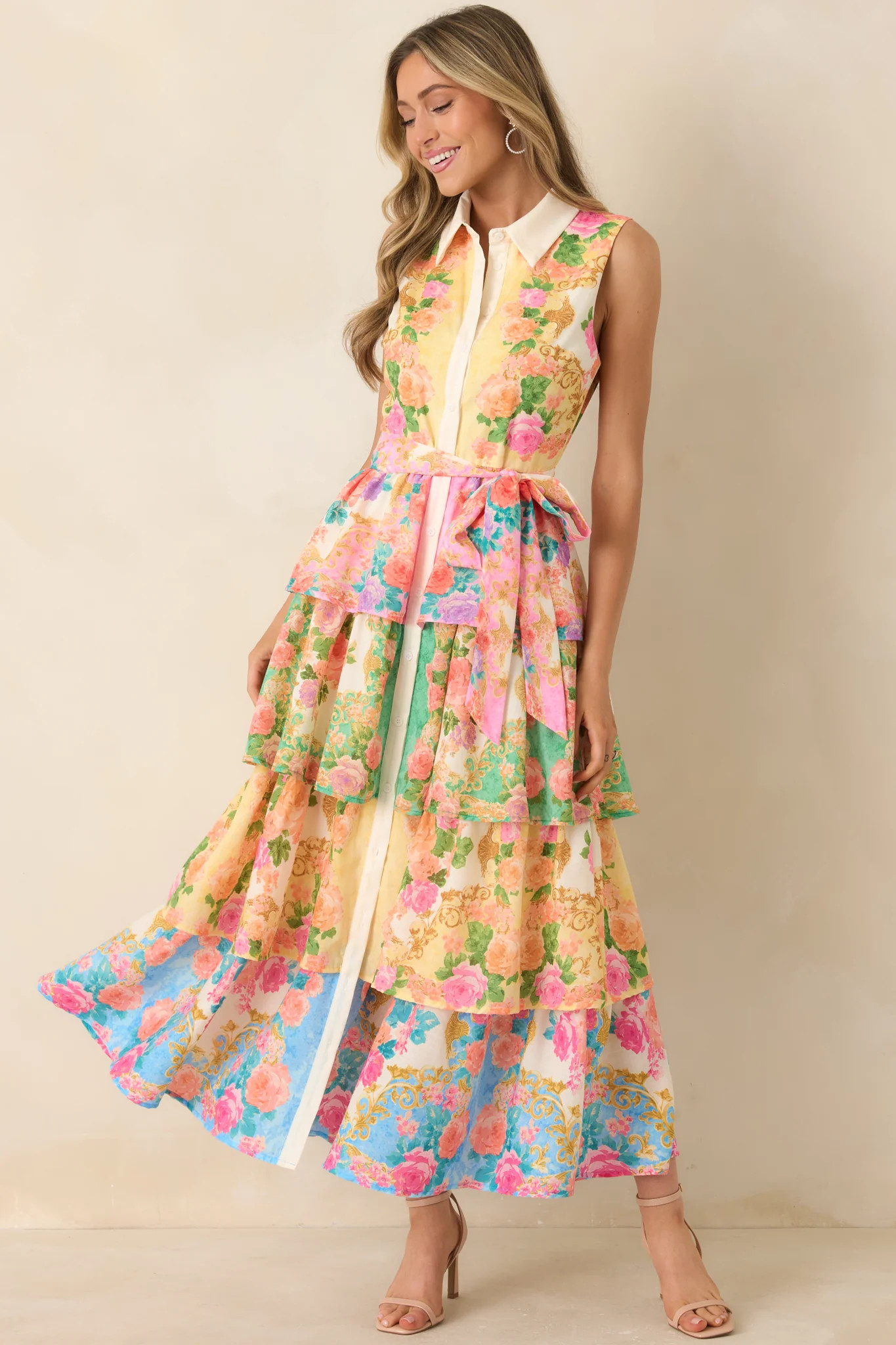 Just A Little Extra Yellow Multi Floral Tiered Midi Dress | Red Dress