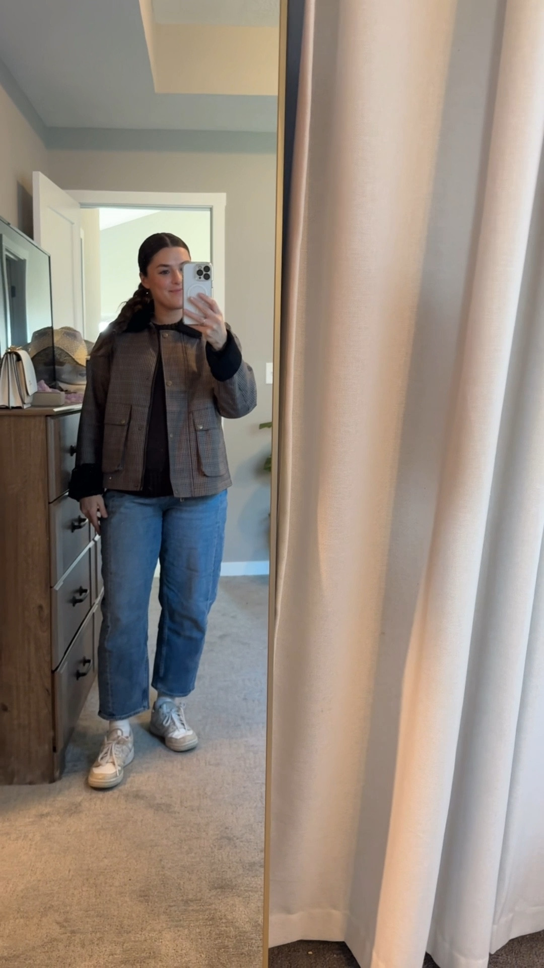 Everything here is such nice quality!! This outfit would be perfect for a lunch date or family photos!

Chocolate brown sweater is 100% cotton, relaxed fit, and true to size

Barn jacket is plaid and has the perfect color combination that will make it go with anything! Definitely size down, it runs large. Wearing Xs petite 

Wearing petite in the barrel jeans in medium wash. They have some stretch!

Fall style, fall fashion, gap, old navy, new balance, casual outfit, ootd, teacher outfit, over 30 style 


#LTKSeasonal #LTKPetite #LTKStyleTip