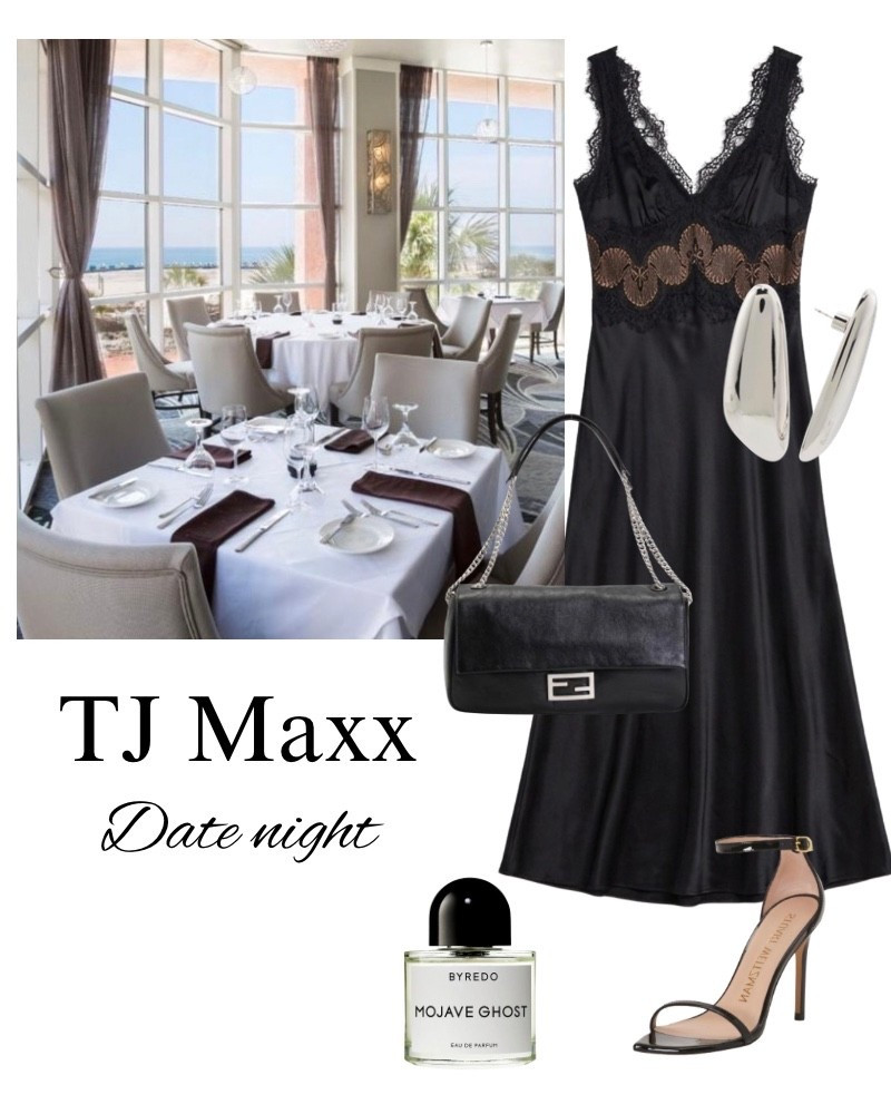Date night outfit idea on sale at TJ Maxx, black lace, maxi dress, Mojave, ghost perfume, Fendi, leather purse, black heels, silk, summer outfit, dressy.

#LTKootd #LTKSaleAlert #LTKBeauty