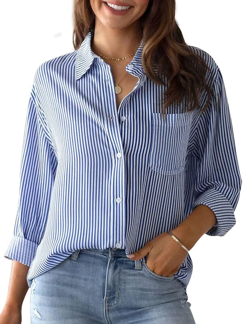 IBAOTORONI Women's Striped Button Down Shirts: Long Sleeve Office Casual Business Blouses with Po... | Amazon (US)