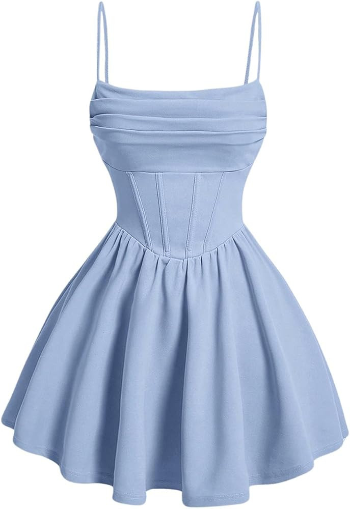 SHENHE Women's Ruched Corset Dress Spaghetti Strap Fit and Flare Flowy Skater Mini Cami Dress | Amazon (CA)