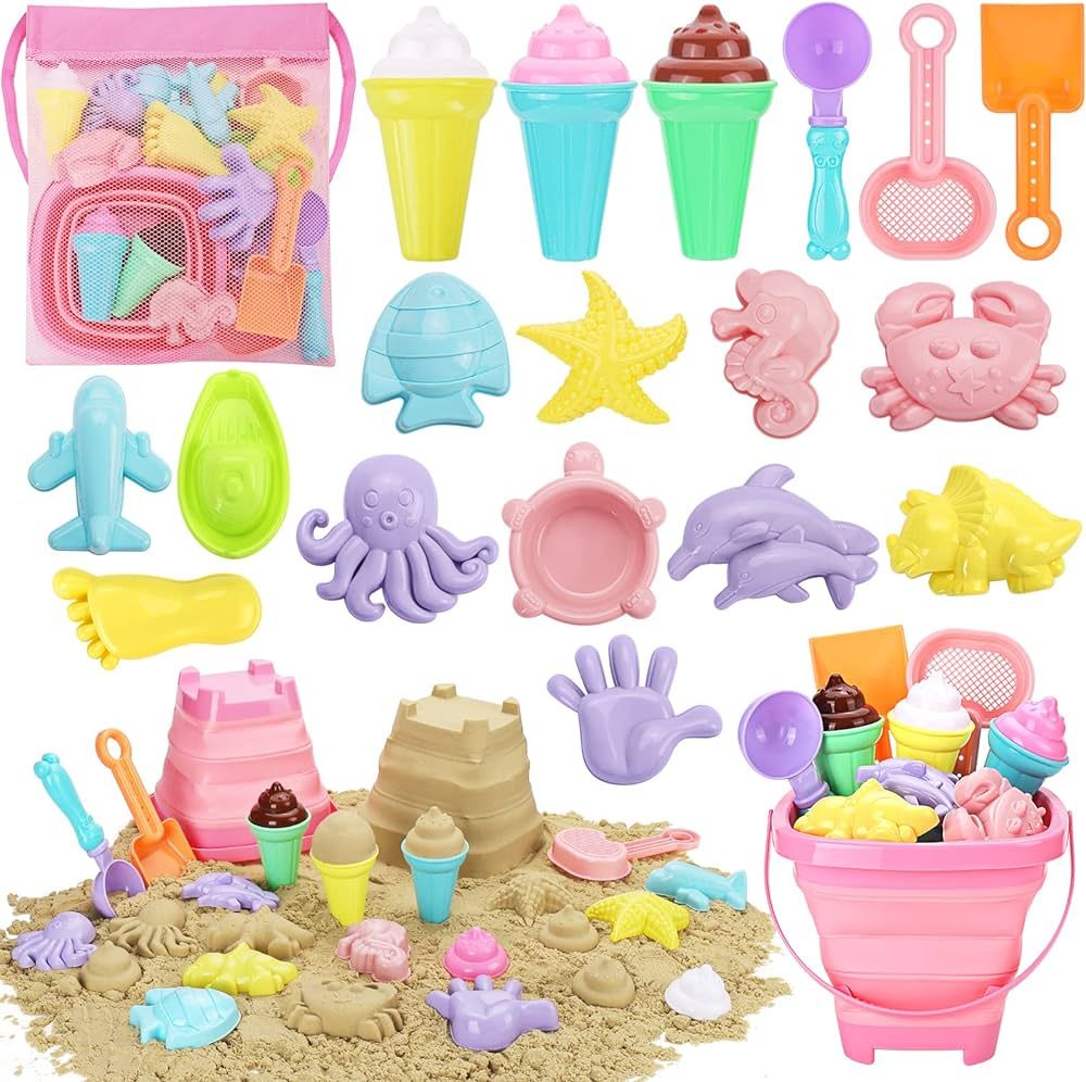 Beach Toys, Ice Cream Sand Toys for Toddlers, with Collapsible Bucket and Shovels for Kids with B... | Amazon (US)