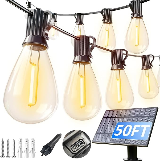 luckystyle 50FT Solar String Lights Outdoor Waterproof with 18+1 LED Bulbs Long Last for 20+Hrs, ... | Amazon (US)