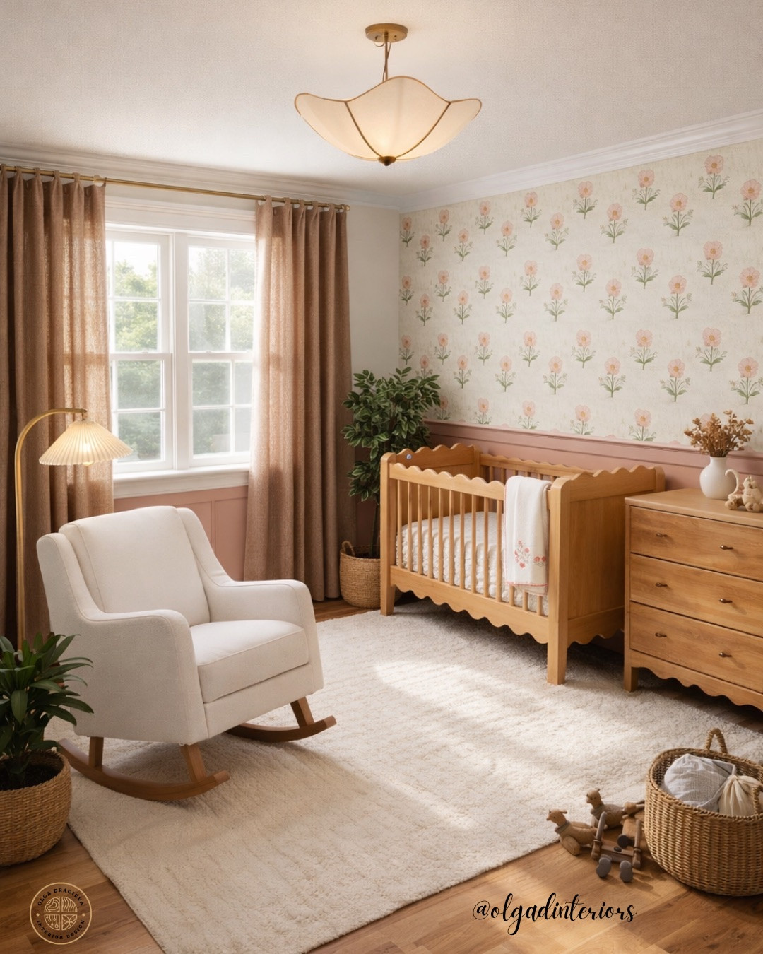 Cute nursery mood board, scalloped crib and nursery changing table, neutral rocker and rug, cute wallpaper from Chasing Paper. #homedecor #nursery

#LTKHome #LTKBump #LTKBaby