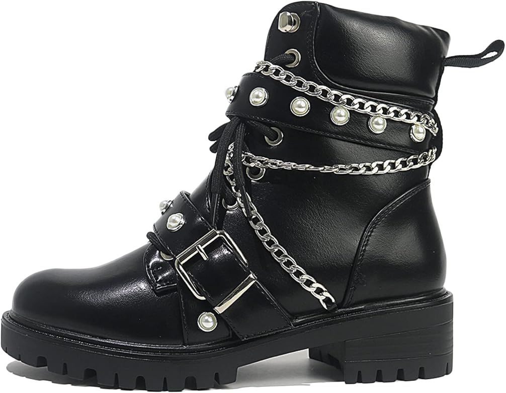 MeiLuSi Lace up Military Combat Boots for Women Fashion Chain Studded Motorcycle Ankle Booties | Amazon (US)