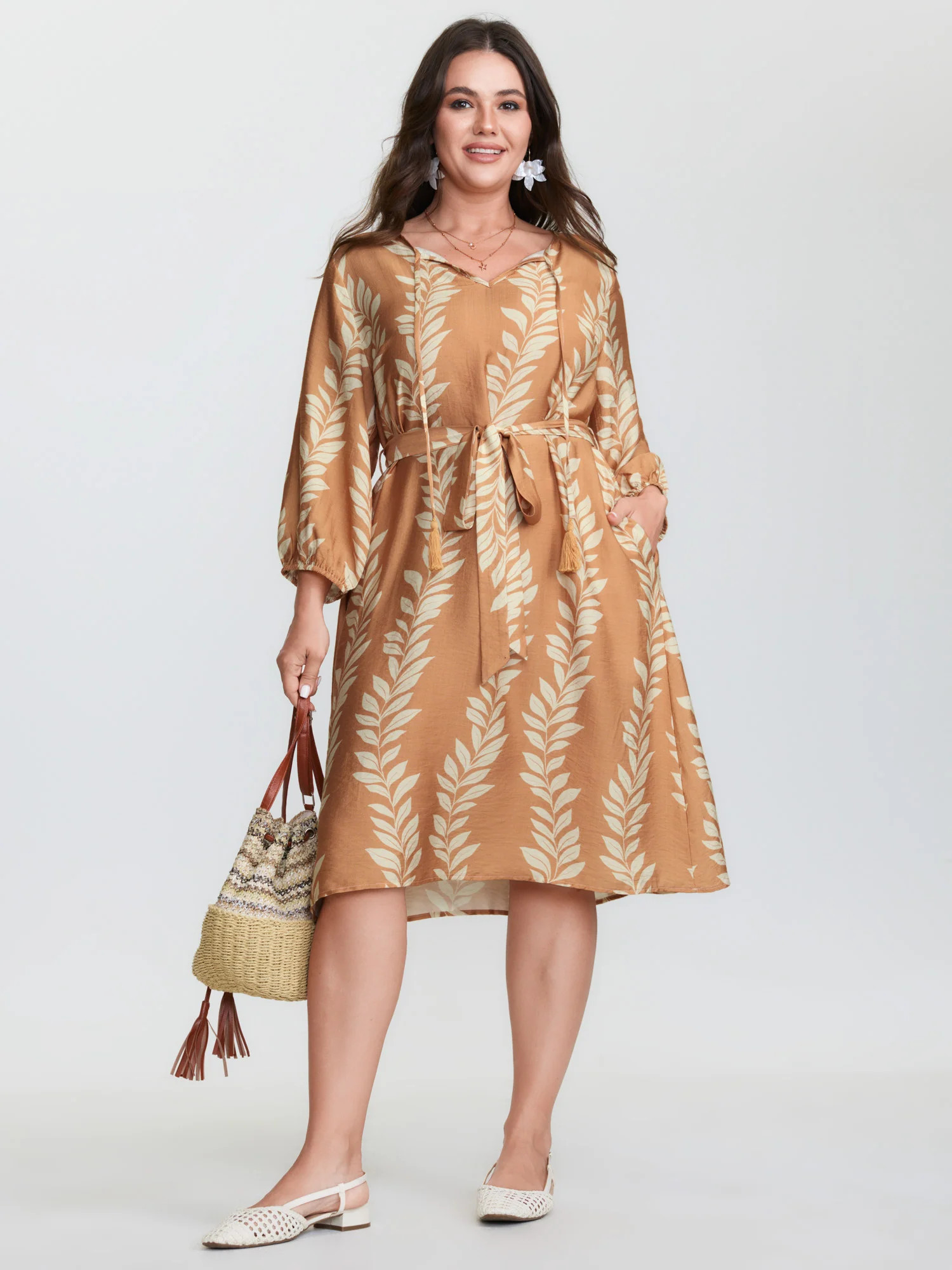 Leaf Print Waist-Tie Round Neck Midi Dress | Bloomchic