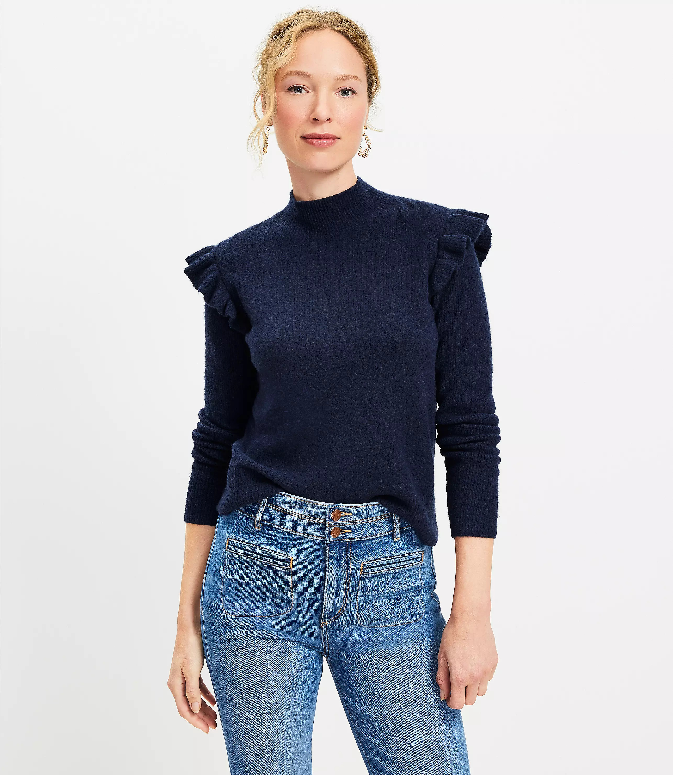 Shoulder Ruffle Mock Neck Sweater | LOFT