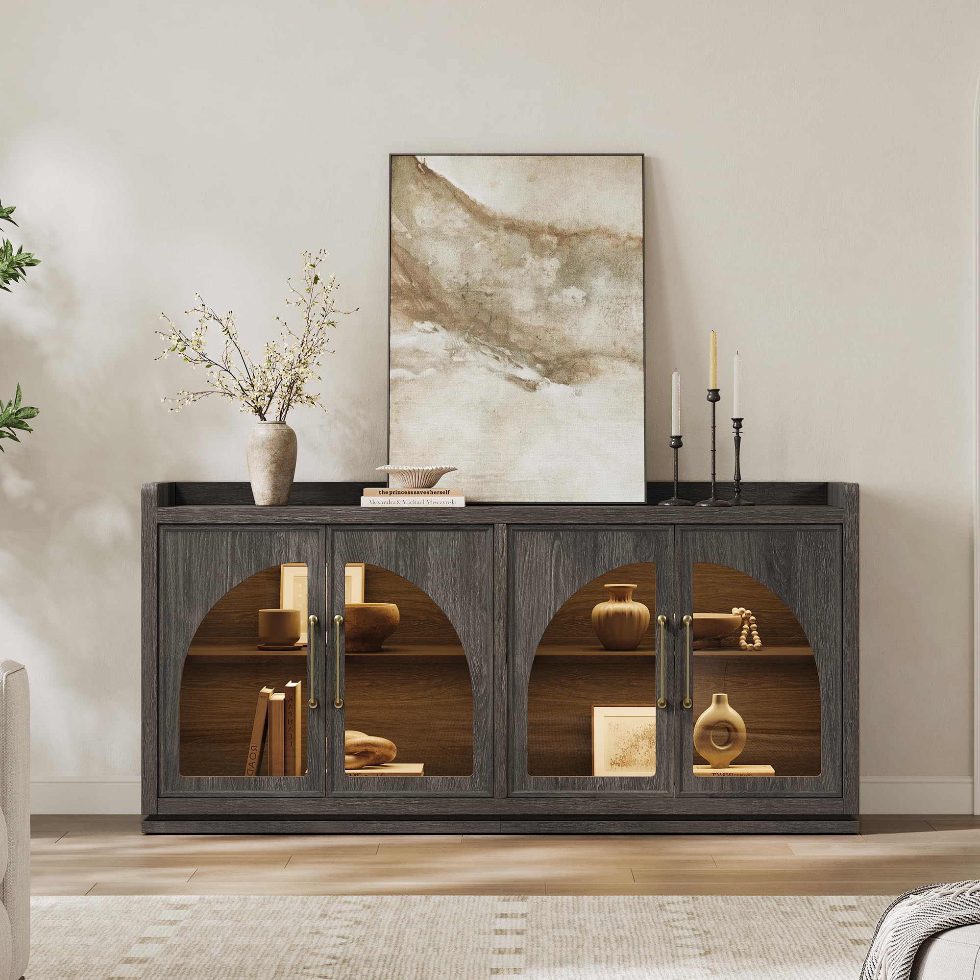 SICOTAS Sideboard Buffet Cabinet with Storage and LED Lights-Modern Credenza Storage Cabinet with Arch Glass Doors, Adjustable Shelves, 61.7" Wooden Media Console Coffee Bar Cabinet, Dark Grey Oak | Amazon (US)