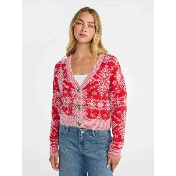 No Boundaries Embroidered Christmas Cardigan, Women's & Women's Plus | Walmart (US)