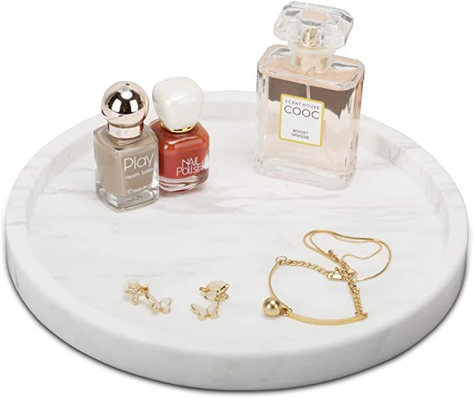 WORHE Natural Marble Decorative Tray, Bathroom Bedroom Kitchen Dresser, Round Vanity Tray for Per... | Amazon (US)
