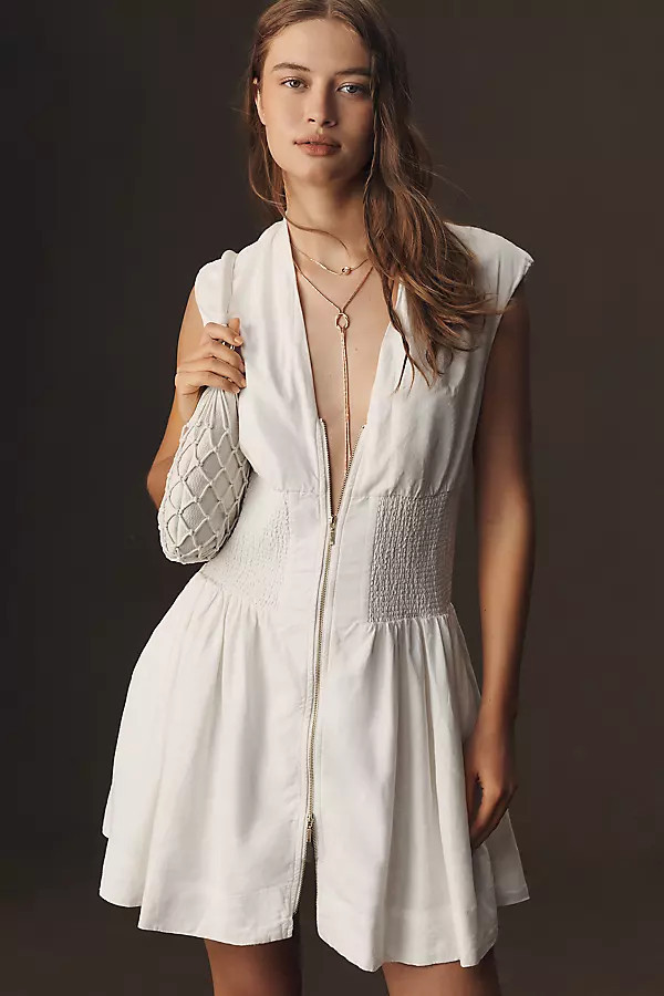 The Tommie Cap-Sleeve Smocked Front-Zip Shirt Dress: Linen Mini Edition | Anthropologie (US)