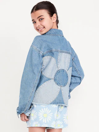 Oversized Floral-Back Cut-Off Jean Jacket for Girls | Old Navy (CA)