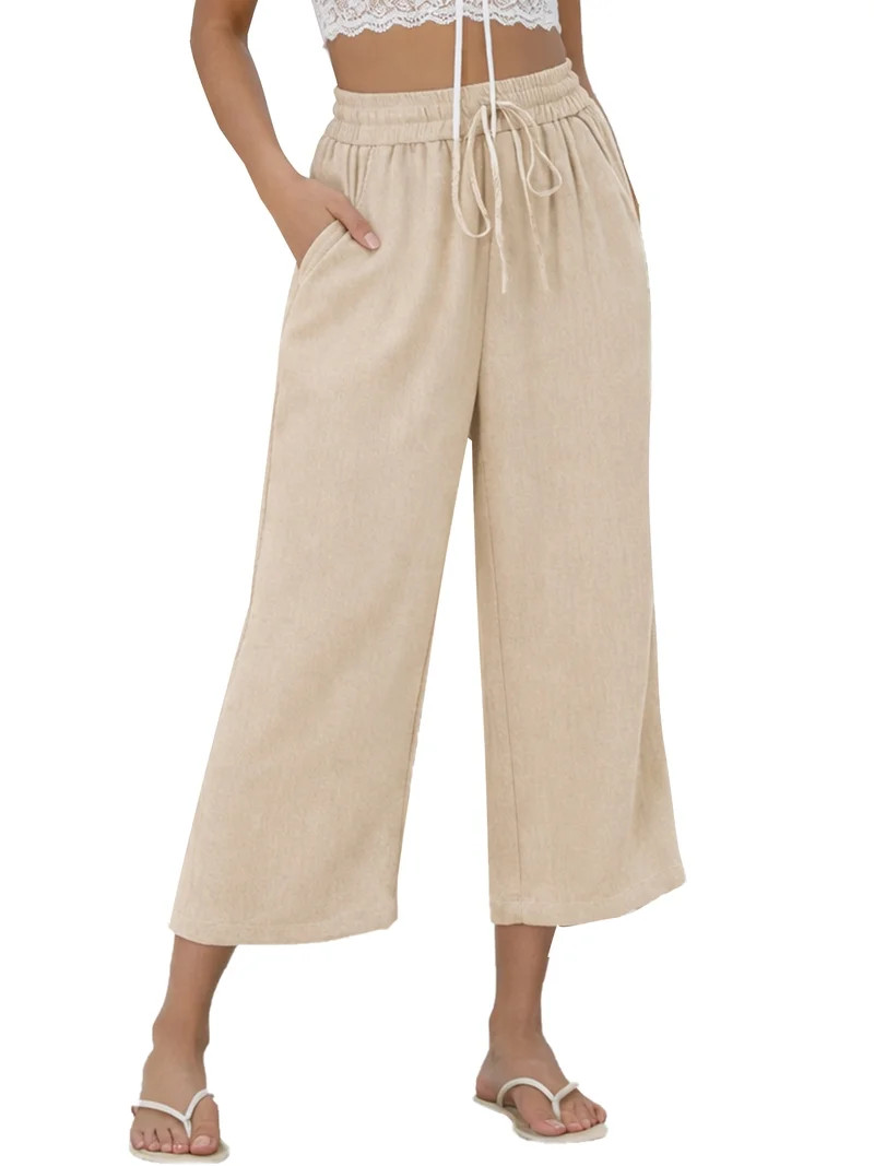 TEMOFON Pants for Women Summer Linen Pants with Pockets Casual Wide Leg Capri Pants Flowy Waisted... | Walmart (US)