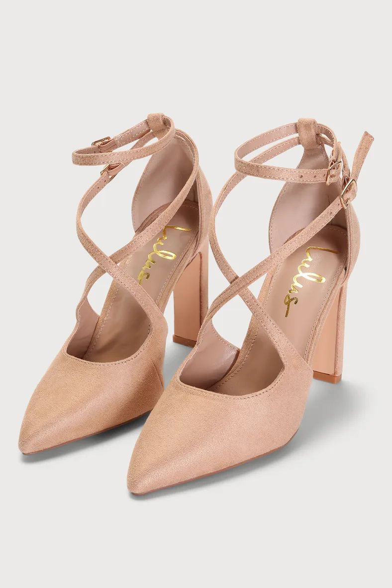 Fernany Light Nude Suede Pointed-Toe Ankle Strap Pumps | Lulus